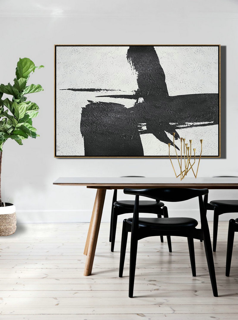 Custom Canvas Wall Art,Hand Painted Oversized Horizontal Minimal Art On Canvas, Black And White Minimalist Painting - Abstract Painting On Canvas